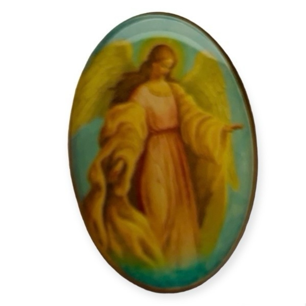 Christian 1980sVTG Button Pinback Gold Pin Heavenly Angel medal spiritual charm